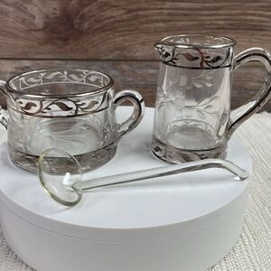 Glass Creamer & Sugar Bowl & Glass Spoon Sterling Silver Overlay&Etched Flowers